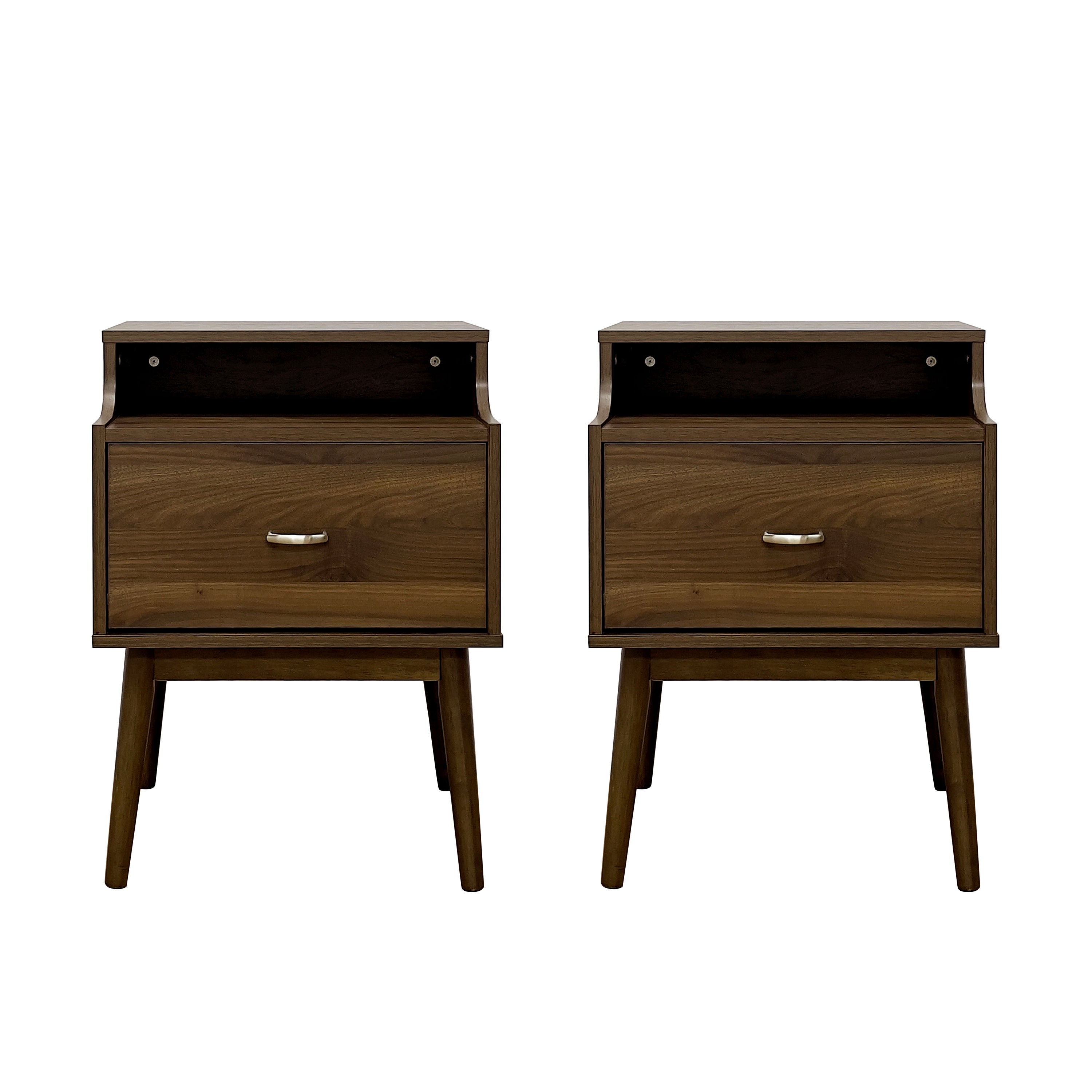 Wilbur Mid Century Wooden Nightstands with Hutch, Set of 2