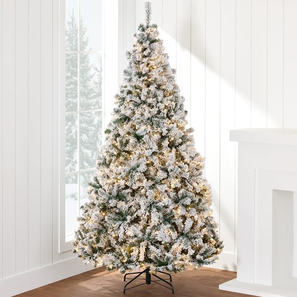 PreLit Artificial Christmas Tree，6ft Snow Flocked Design Pine Tree，Full Appearance Snowy w/Easy Assembly，Metal Stand