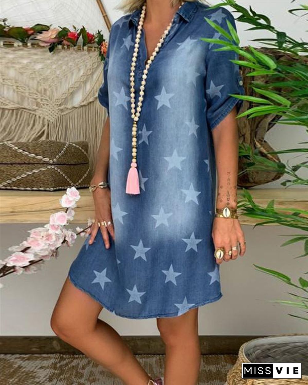 Star Printed Short Sleeve  Denim Skirt Holiday Dresses Shift Daytime Mini Dresss