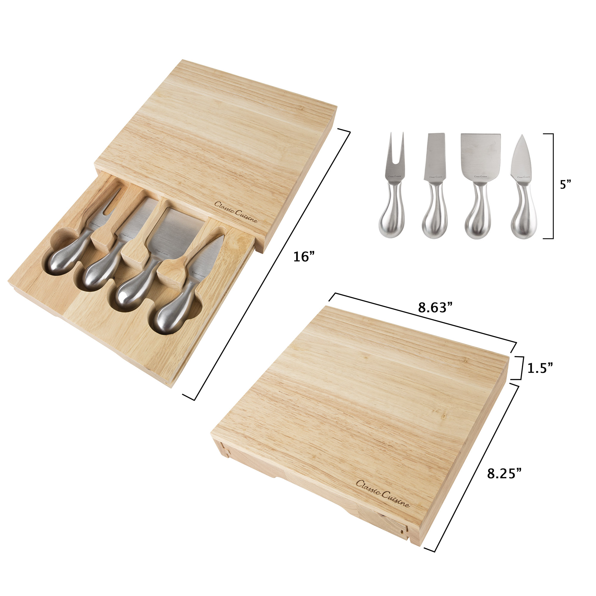 Cheese Board 5 piece Set with Stainless Steel Knives 8.6