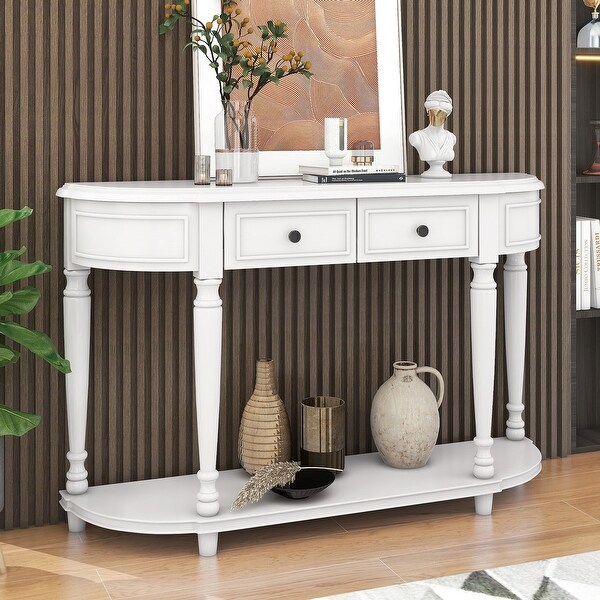 Circular Curved Design Console Table with Shelf and Legs Two Top Drawers