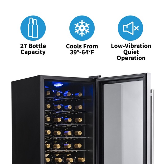 Newair Freestanding 27 Bottle Compressor Wine Fridge In Stainless Steel Adjustable Chrome Racks And Exterior Digital Thermostat