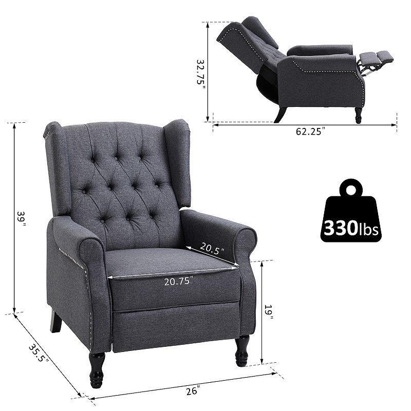 HOMCOM Fabric Upholstered Wingback Recliner Tufted Back Linen Arm Chair with Footrest Armrest Padded Cushion Dark Grey