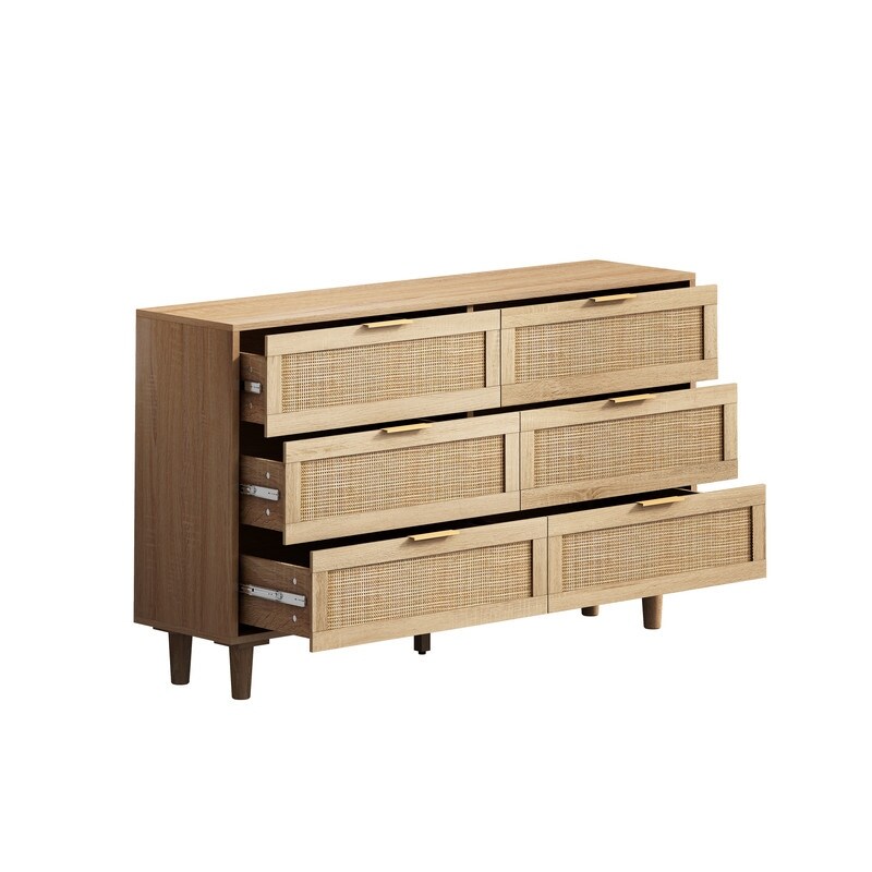 6 Drawer Dresser  Modern Rattan Dresser Chest with Wide Drawers  Farmhouse Storage Chest of Drawers for Bedroom  Living Room