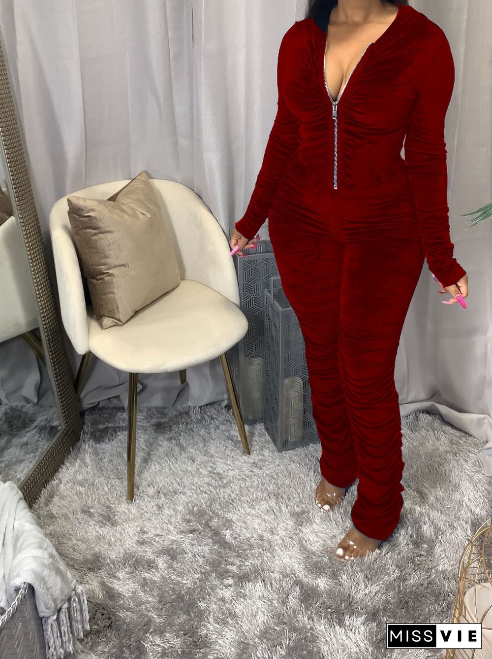 Velvet Hooded Long Sleeve Coat Top Pants Sports Suit