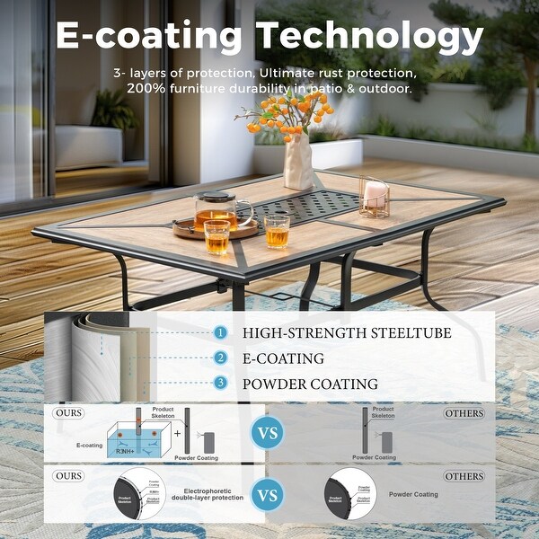 MAISON ARTS Patio Dining Set 7Piece Metal Woodlook Geometric Rectangle Table and 6 Textilene Chairs