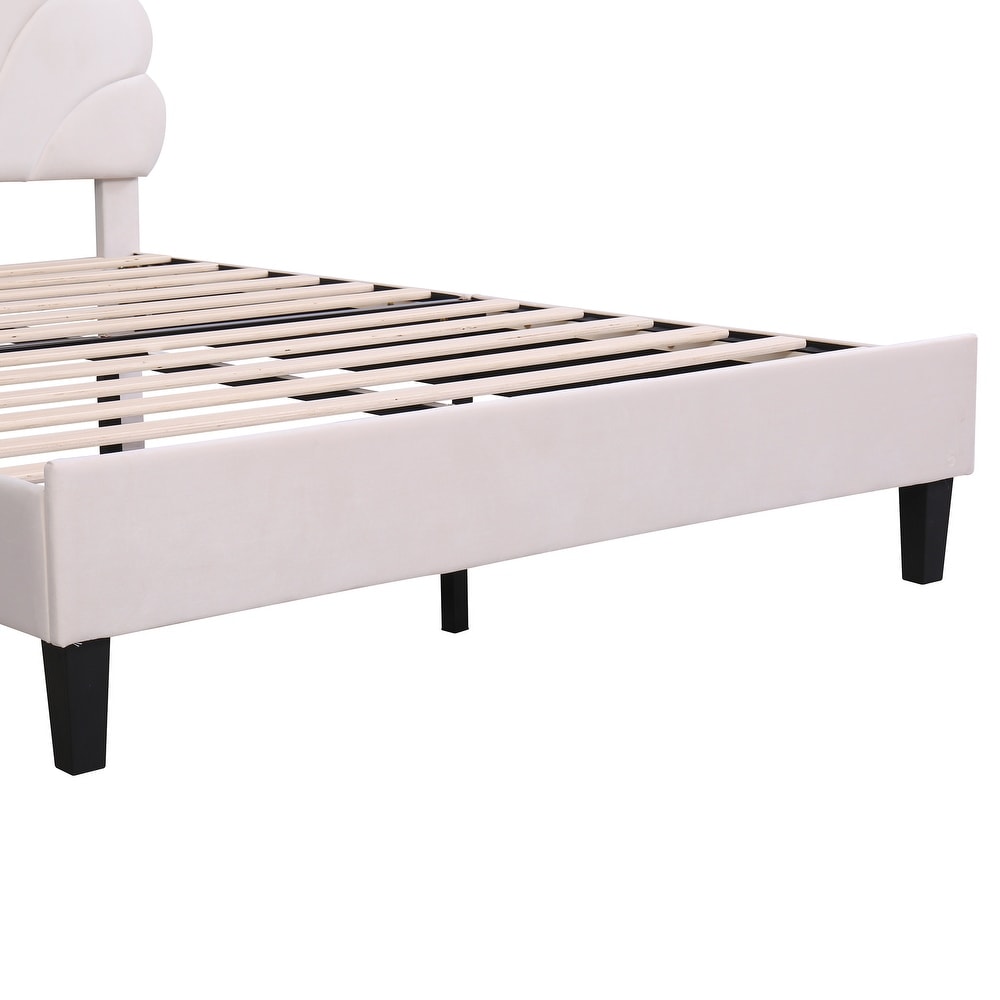 Upholstered Queen Size Platform Bed for Kids  Velvet Fabric Bedframe with Flower Pattern Velvet Headboard   12 Wood Slat Support