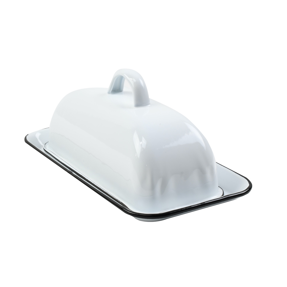 White Enamel Butter Dish Metal Lid Covered Holder Farmhouse Kitchen Decor Dinnerware Serveware