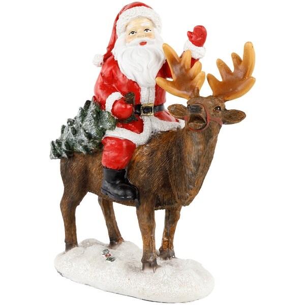 Santa Claus on a Reindeer Holding a Frosted Pine Tree Christmas Figurine