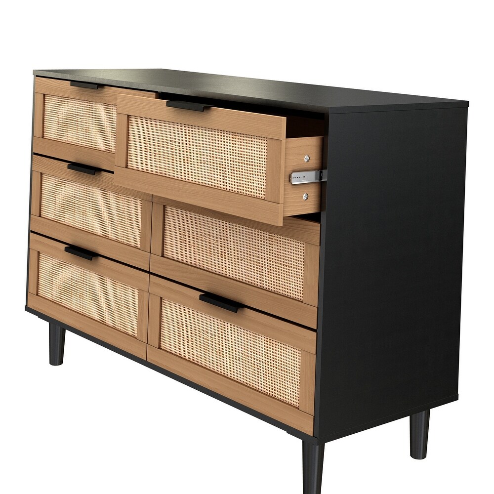 Black Rattan Drawer Dresser with 6 Drawers  Ideal for Bedroom and Living Room