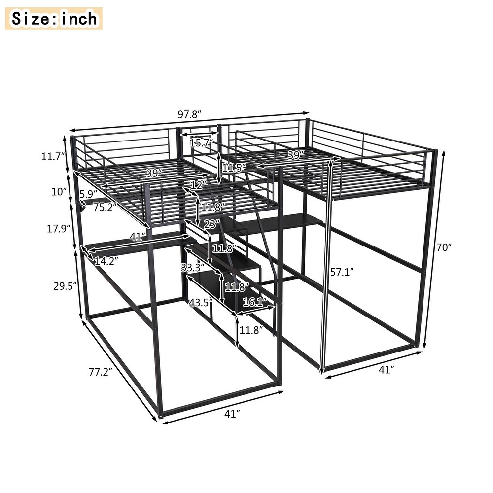 Black Metal Double Twin over Twin Bunk Bed with Two Desks  Shelves  and Storage Staircase  Space Saving  Large Storage