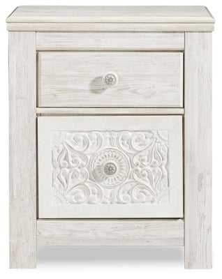 Signature Design by Ashley Paxberry Boho 2 Drawer Nightstand with 2 Slim-Profile USB Charging Ports, Whitewash