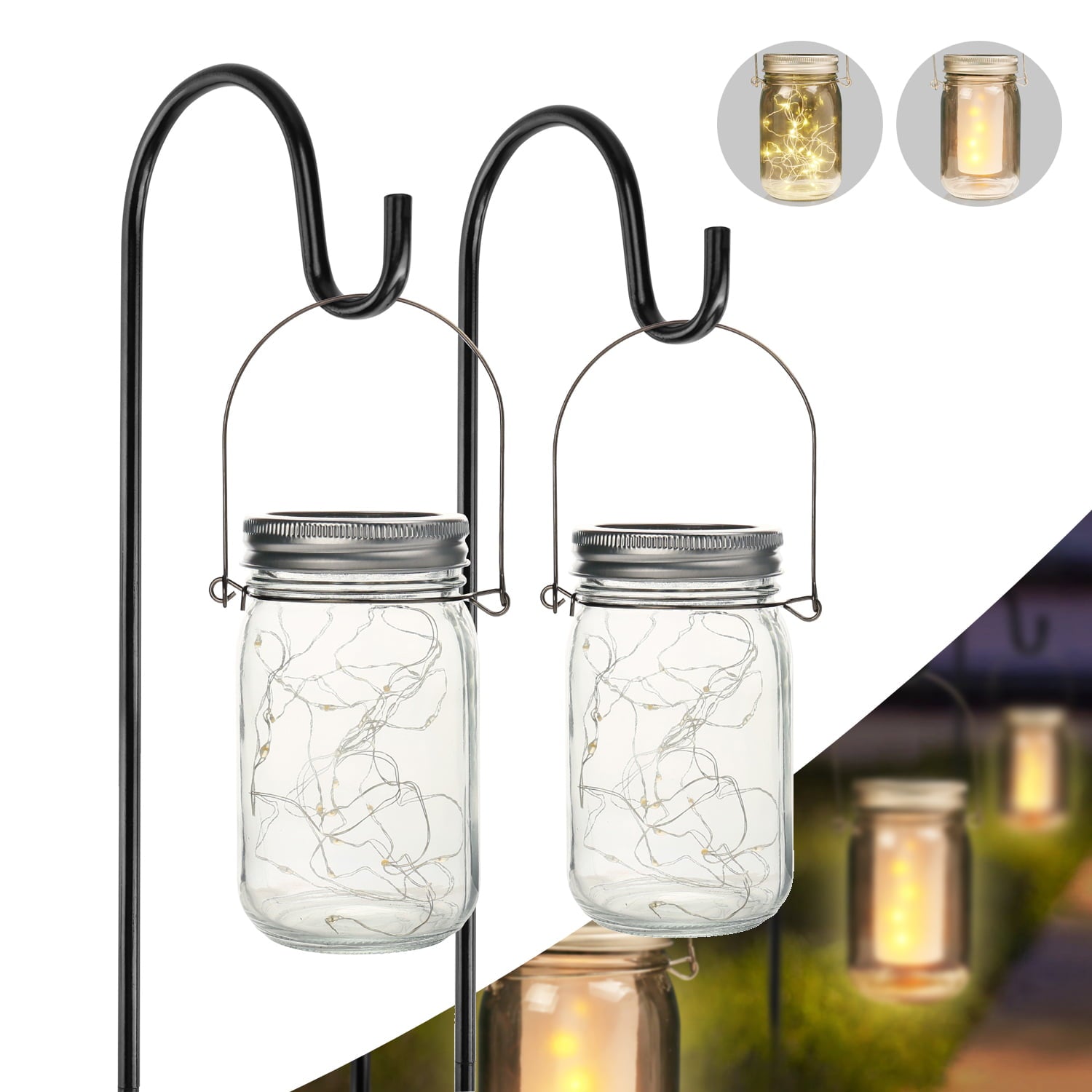 4Pcs Solar Mason Jar Lid Lights+2x Shepherd Hooks-Hanging Lanterns+2x Mason Jars， Perfect Patio Garden Wedding Pathway Outdoor LED Lights， No Wiring Required (2-Pack)