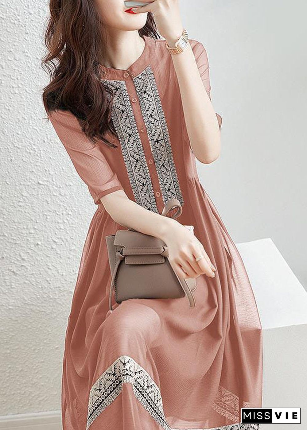 New Pink Button Patchwork Cotton Shirt Dresses Half Sleeve