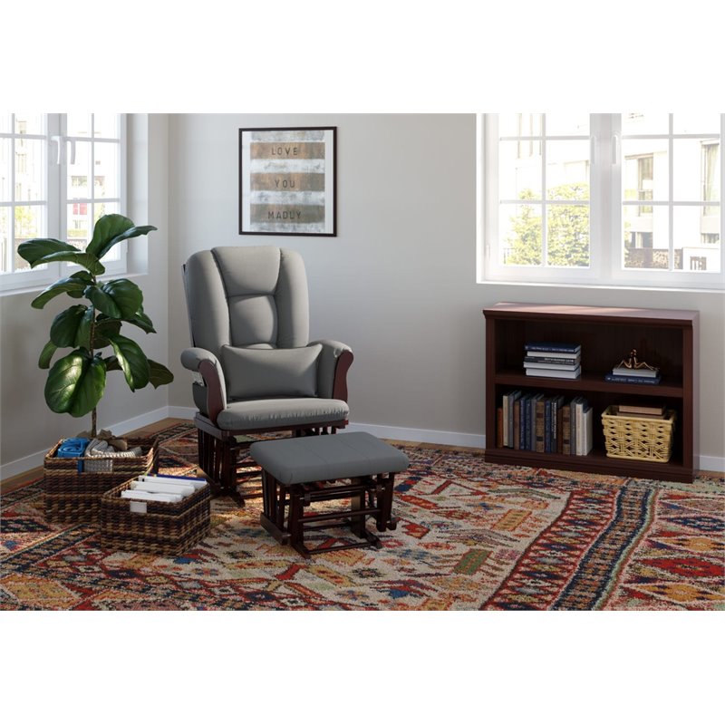 Pemberly Row Glider and Ottoman with Lumbar Pillow in Espresso and Gray