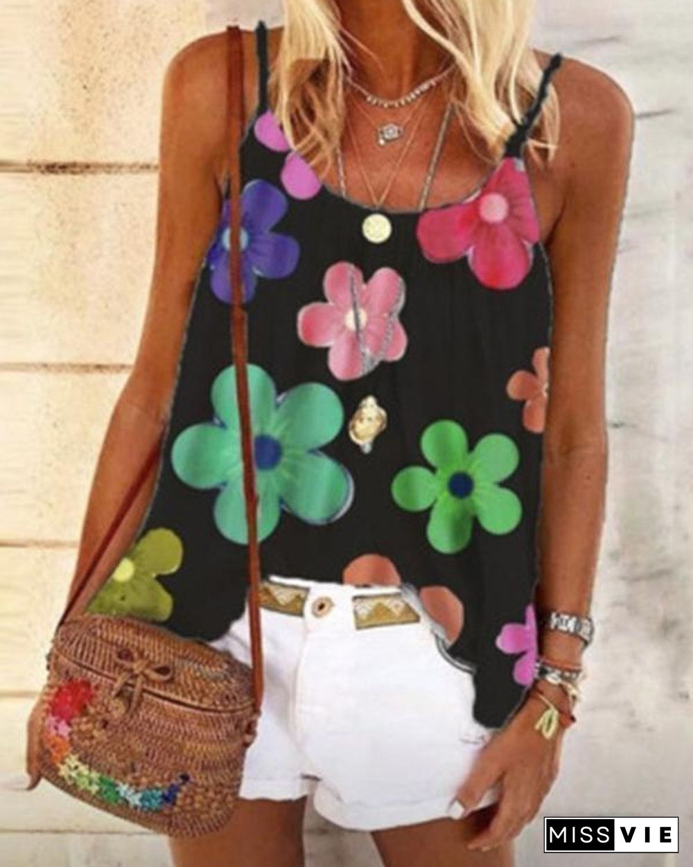 Print Floral Spaghetti Strap Sleeveless Casual Tank Tops