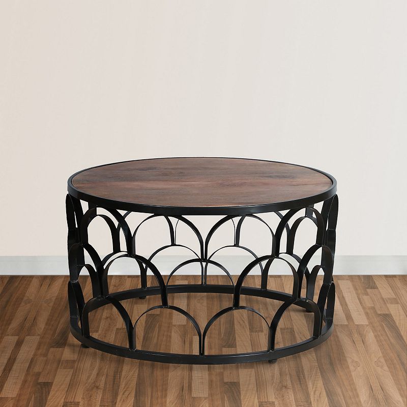 32 Inch Round Coffee Table， Mango Wood Top， Lattice Cut Out Metal Frame， Brown， Black