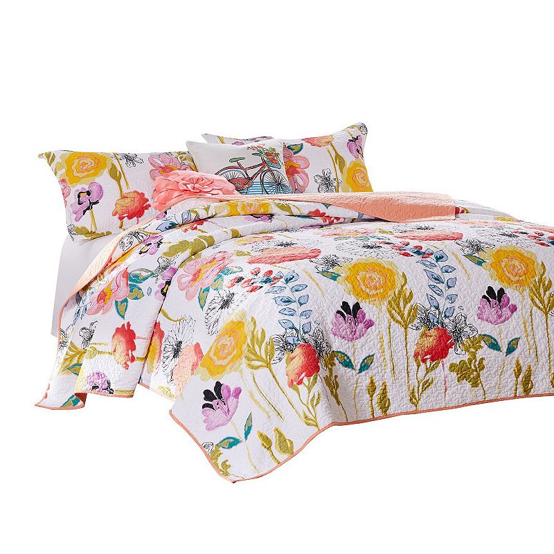 Mavi 4 Piece Reversible Twin Quilt Set， Spring Floral Print， Multicolor