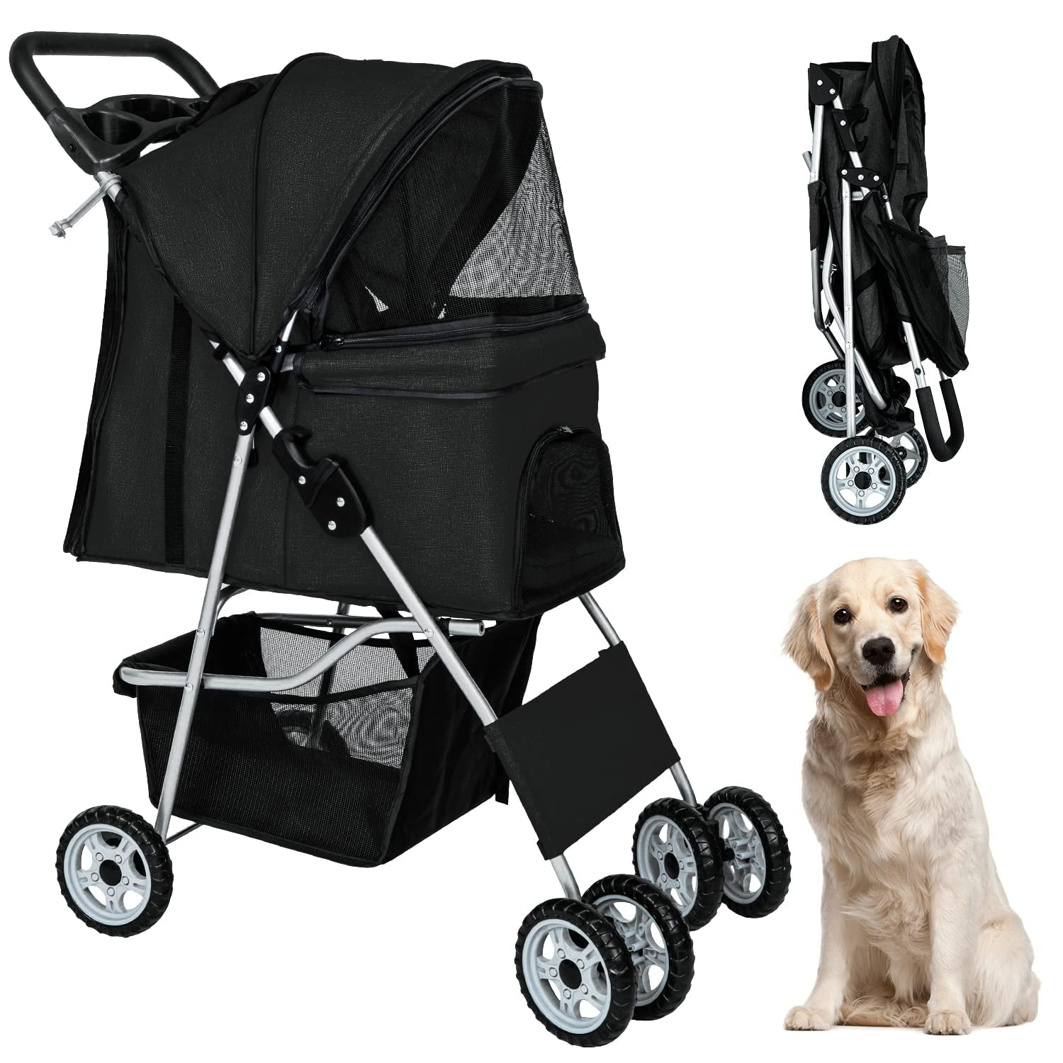 BestPet Pet Stroller Dog Cat Stroller Folding Lightweight Travel Stroller with Cup Holder (Black， 4 Wheels)