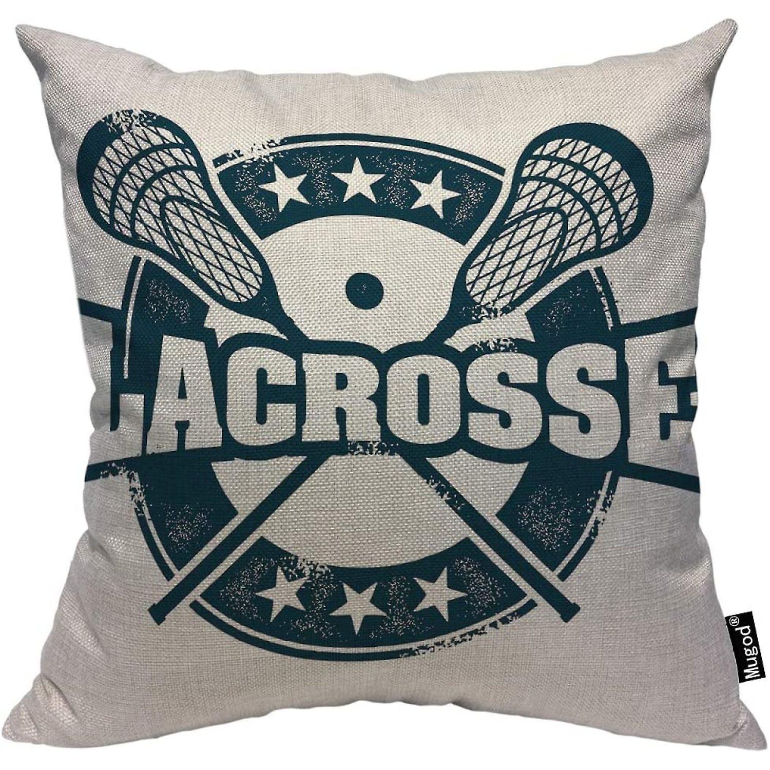 Lacrosse Throw Pillow Vintage Stamp Pattern Helmet Lacrosse Sticks Star Navy Blue Cotton Linen Square Cushion Cover Standard Pillowcase 18x18 Inch For