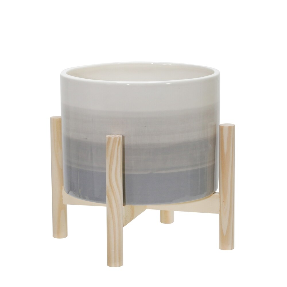 Grey Ombre Ceramic Planter with Wood Stand   8.0\