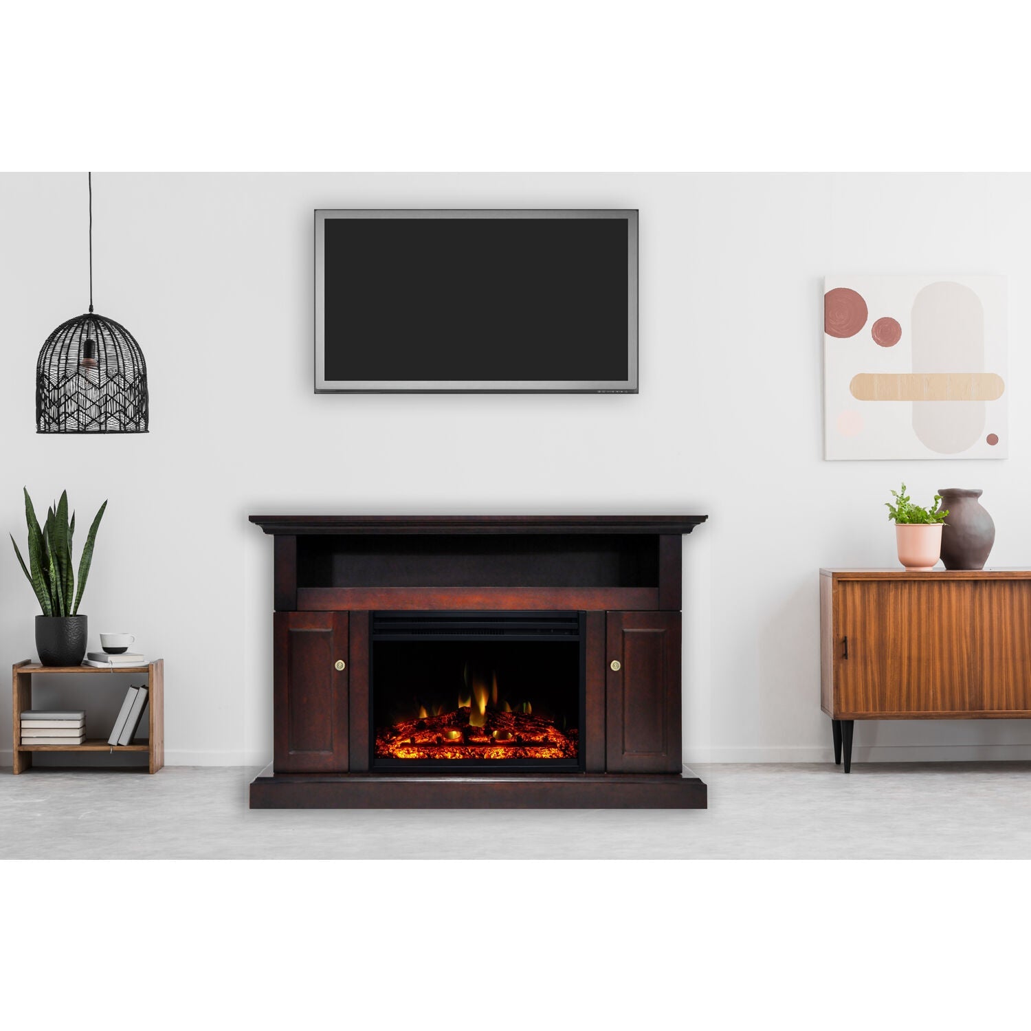 Cambridge Sorrento 47'' Electric Fireplace with Log Insert | Multi-Color Flame | For Rooms up to 210 Sq.Ft. | TV Stand | Remote | Mahogany Mantel | Adjustable Heat Settings | Timer