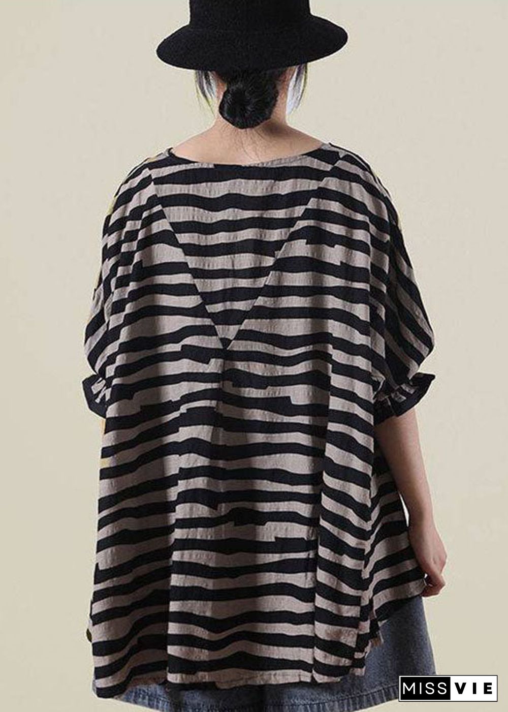 Boho Black Loose O-Neck Ruffled Fall Striped Shirt Top Half Sleeve