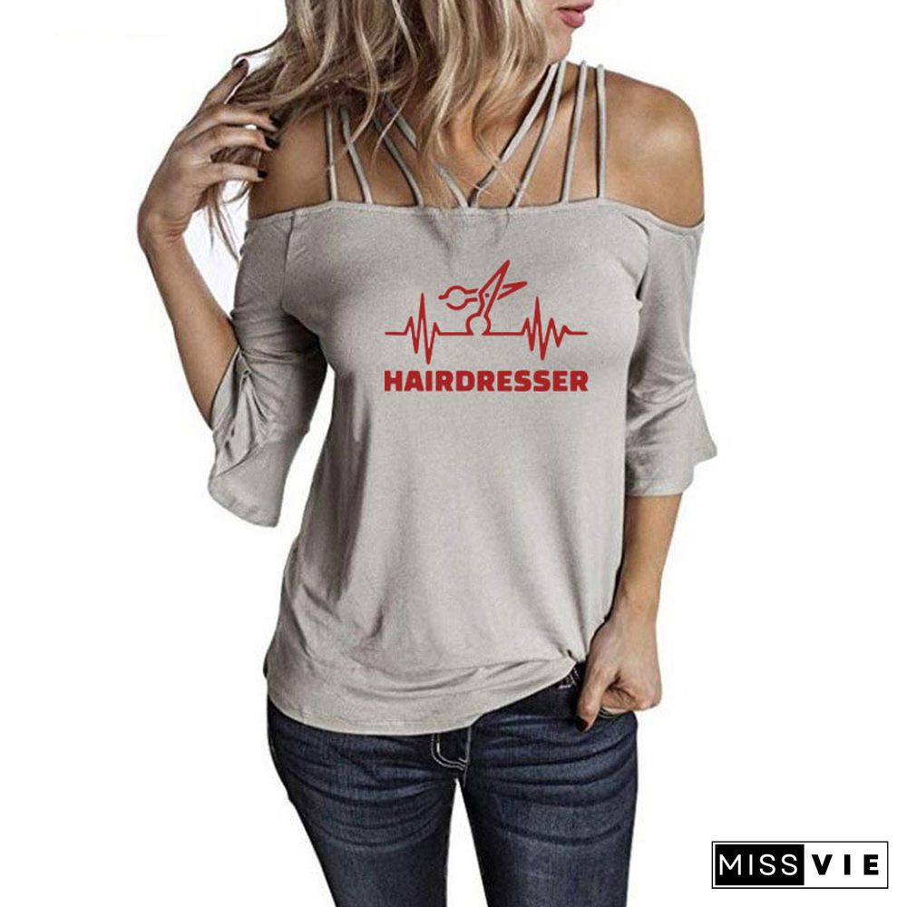 New Fashion Summer Heartbeat Hairdresser T Shirt Women Casual Cotton Short Sleeve GirlsShoulderSling Tee Tops