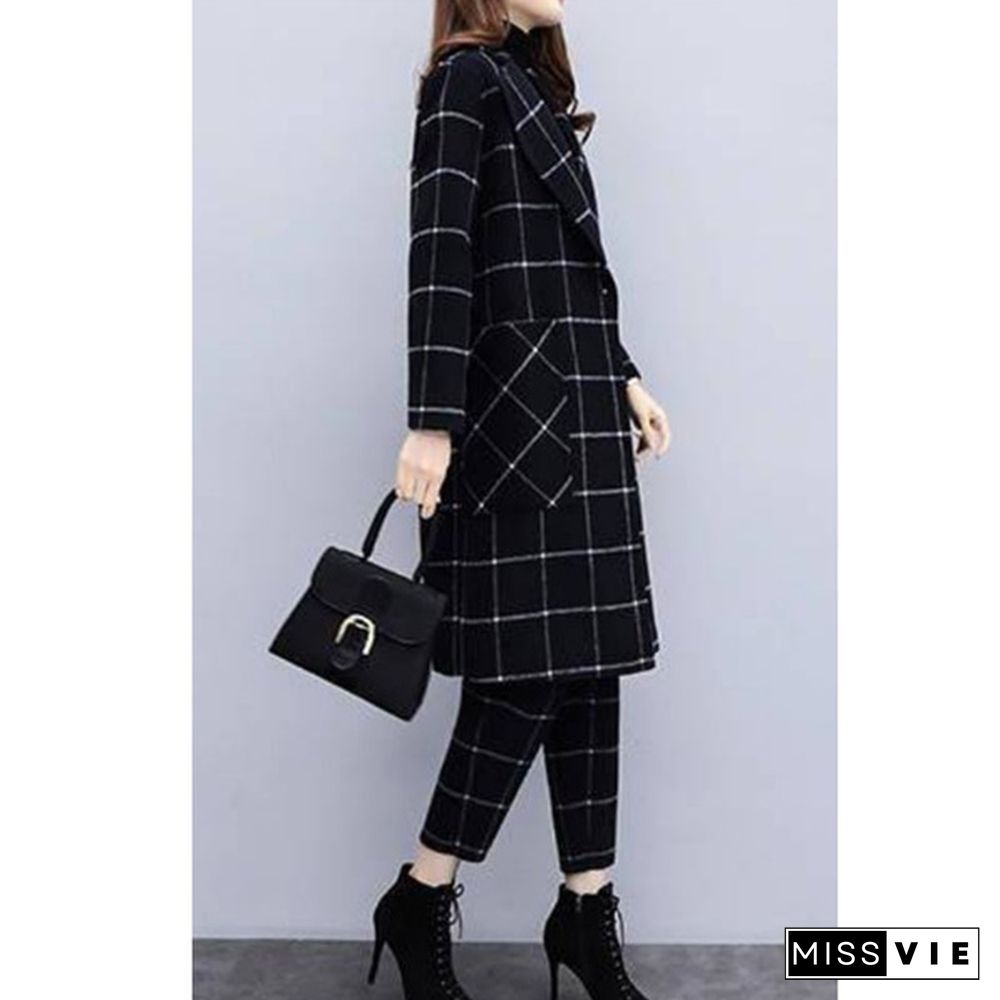 Winter Black Woolen Plaid Two Piece Sets Outfits Women Plus Size Long Coat And Pants Suits Elegant Fashion Office Sets