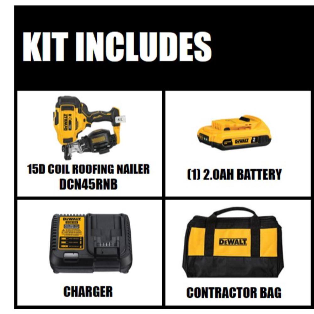 DEWALT DCN45RND1 20V MAX Lithium-Ion 15-Degree Cordless Roofing Nailer Kit with 2.0Ah Battery Charger and Bag