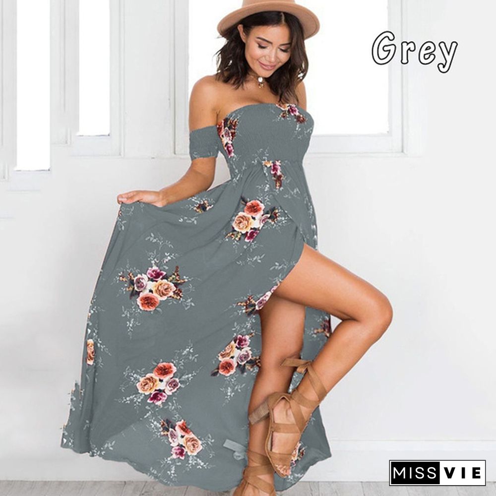 New Arrival Fashion Elegance Womens Party Wrap Chest Off Shoulder Loose Beach Printed Dress Slim Dress