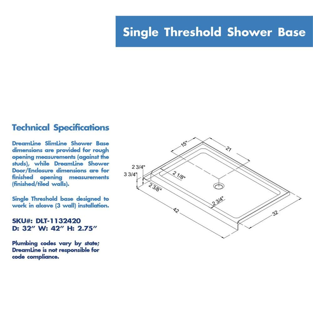 DreamLine SlimLine 42 inx 32 in Single Threshold Shower Pan Base in White with Center Drain