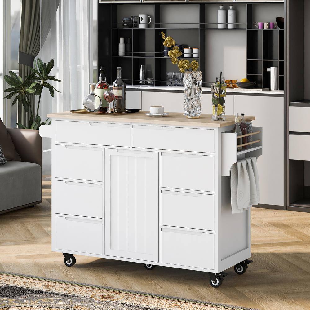 White Rubber Wood Countertop 53.1 in. W Kitchen Island on 5-Wheels with 8-Handle-Free Drawers and Flatware Organizer EC-SK000002AAW