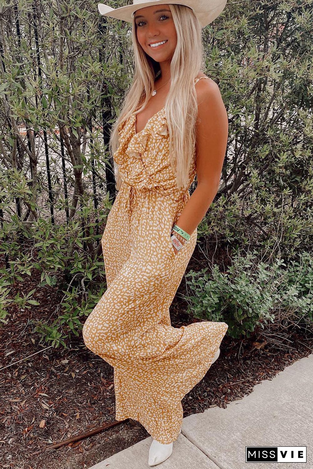 Yellow Leopard Print Drawstring Ruffled V Neck Jumpsuit