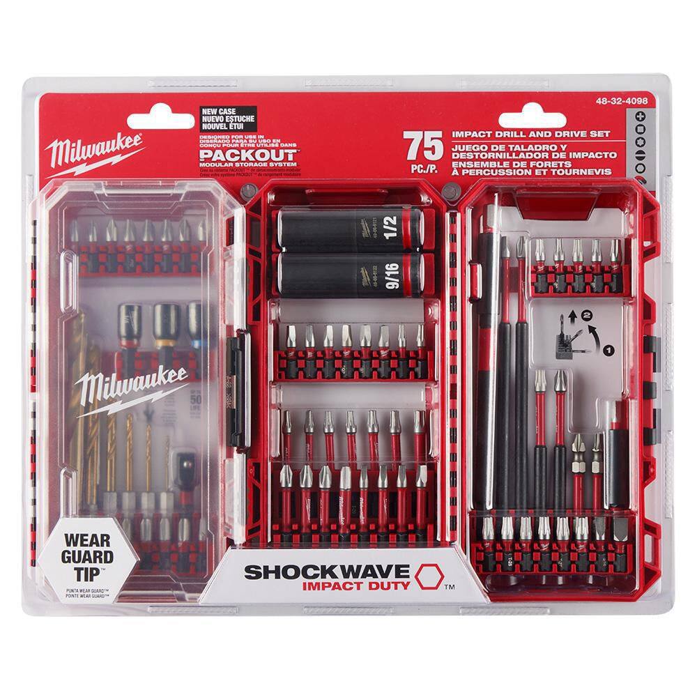 MW SHOCKWAVE Impact Duty Alloy Steel Drill Drive and Fastening Bit Set with PACKOUT Accessory Case (75-Piece) 48-32-4098