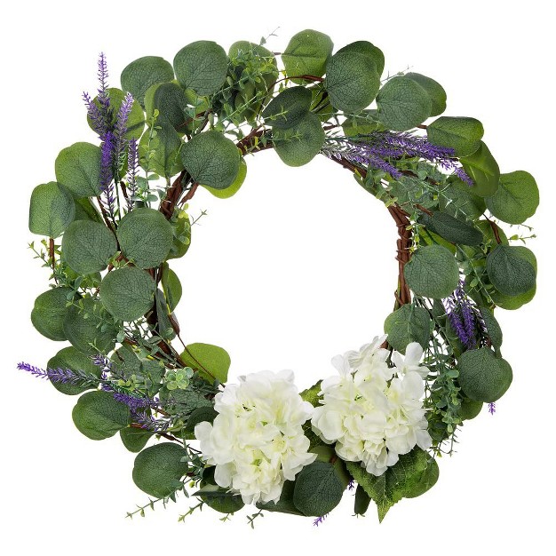 Eucalyptus And Lavender Artificial Wreath With White Hydrangeas For Front Door Or Wall Decor green