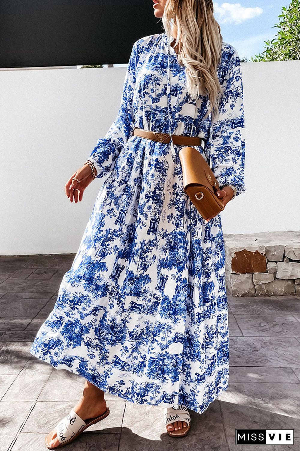 Fashion Elegant Print Split Joint V Neck A Line Dresses