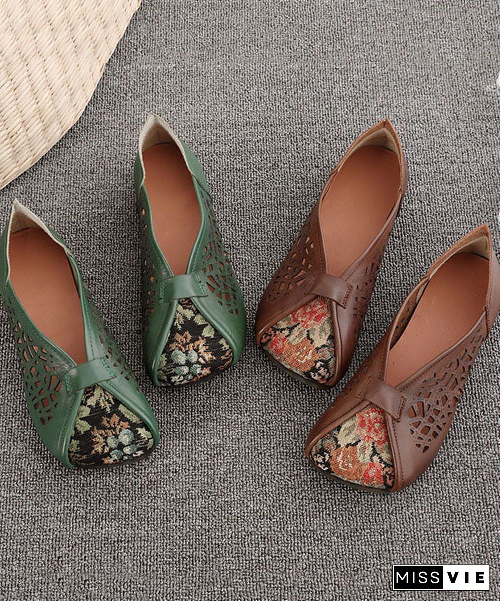 Green Hollow Out Cowhide Leather Flat Shoes For Women Splicing Flats