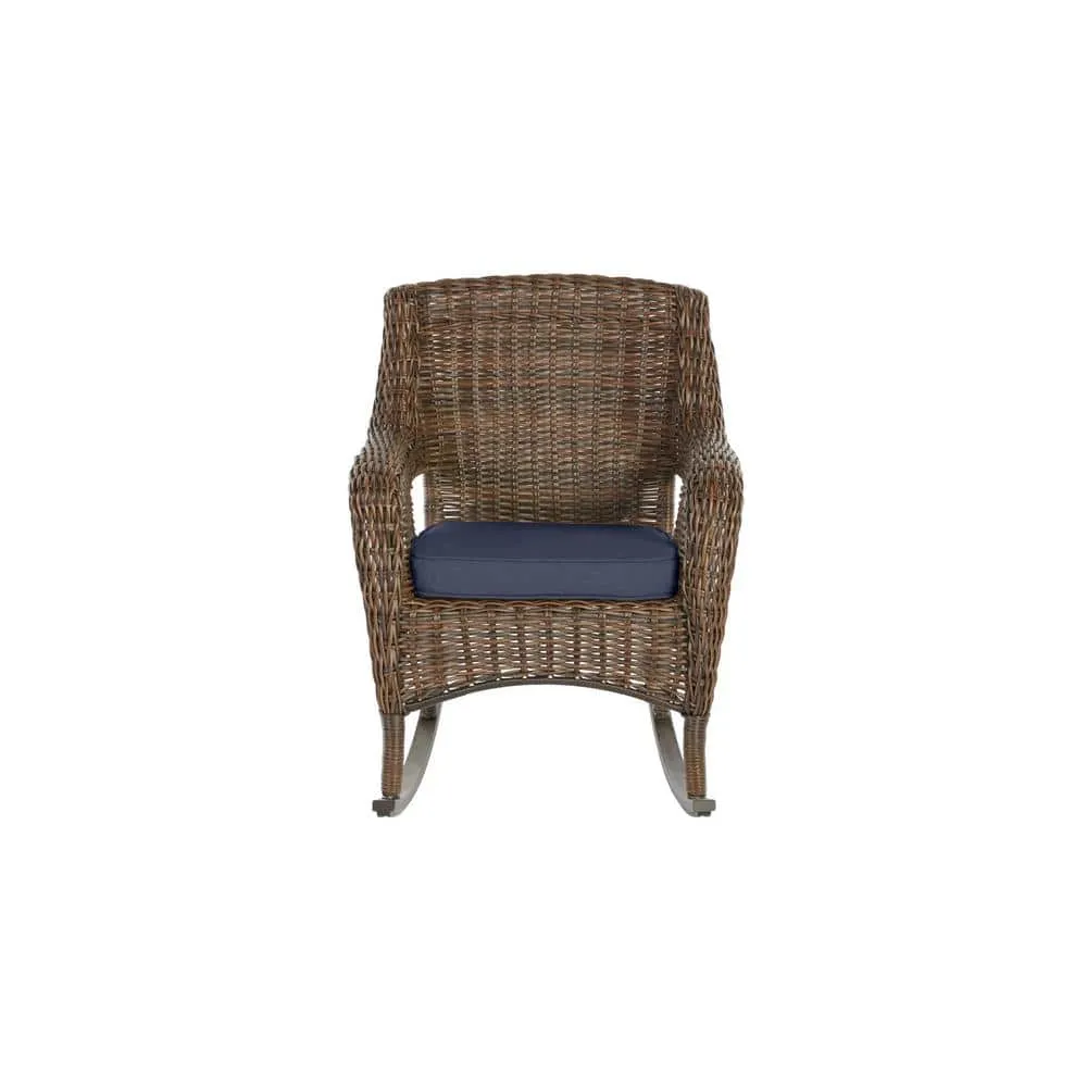 Hampton Bay Cambridge Brown Wicker Outdoor Patio Rocking Chair with CushionGuard Midnight Navy Blue Cushions 65-17148BR