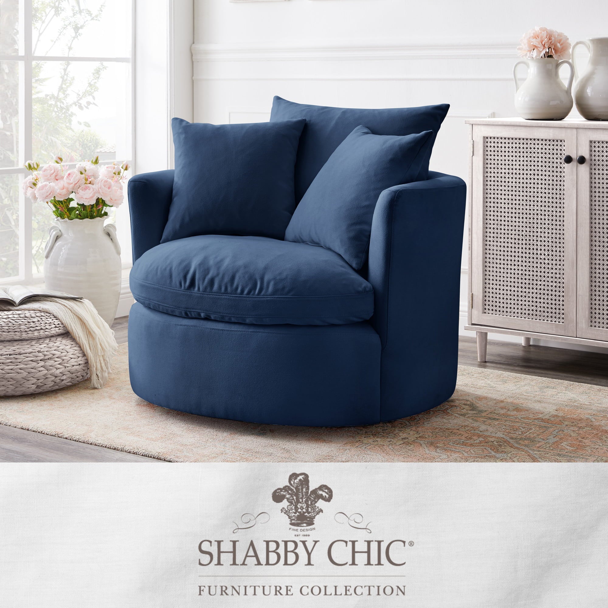 Shabby Chic Saniyah Navy Linen 360 Swivel Accent Chair