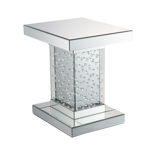 Pali 20 Inch Square Pedestal End Table， Mirrored， Faux Crystal Inlay， Silver