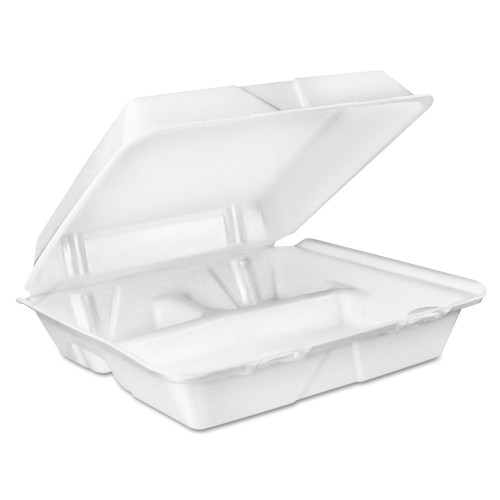 Dart Foam Hinged Lid Container， 3-Compartment， 8 oz， 9 x 9.4 x 3， White， 200/Carton (90HT3R)