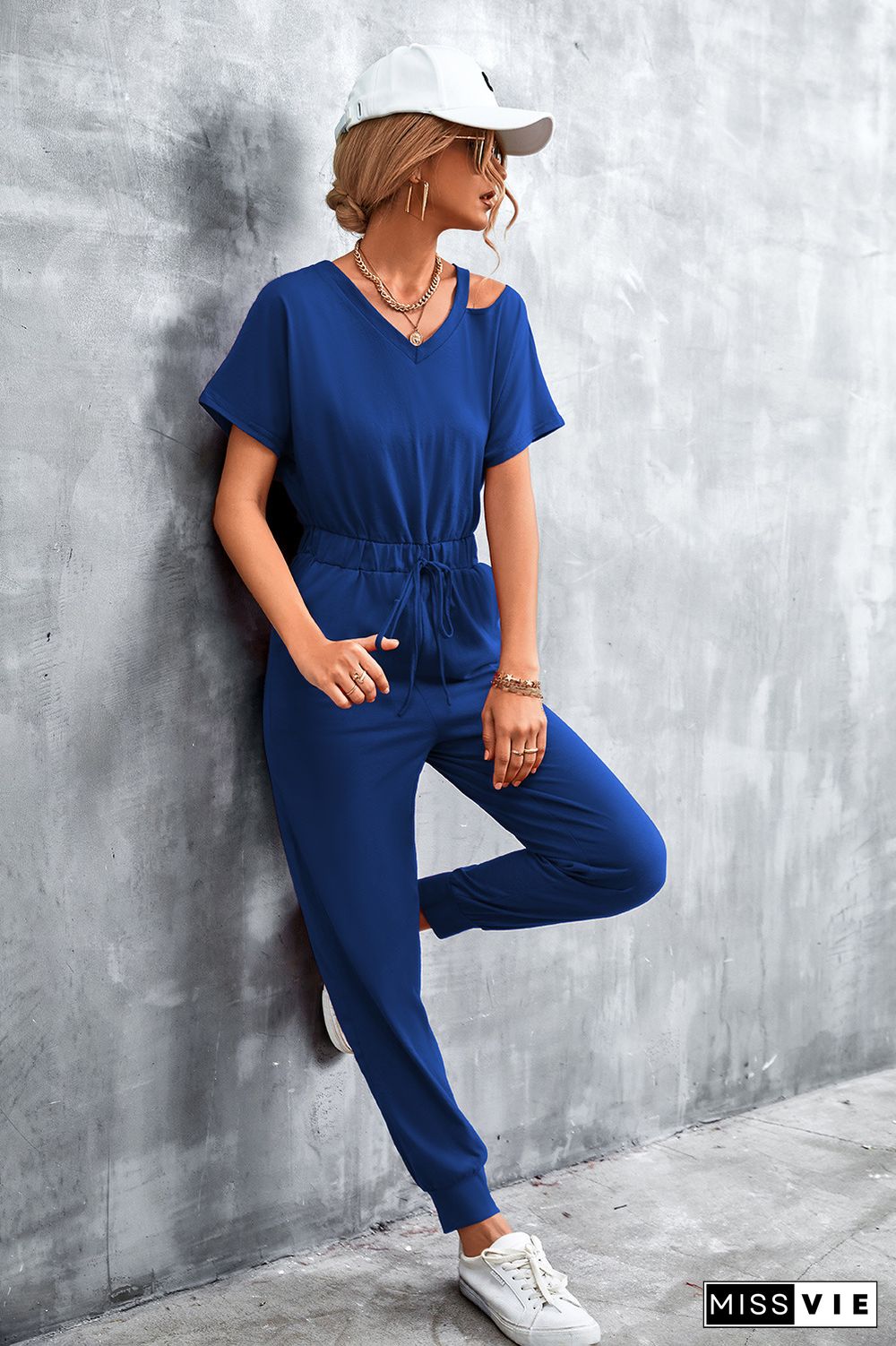 Cut Shoulder Drawstring Waist Sleeveless Jumpsuit