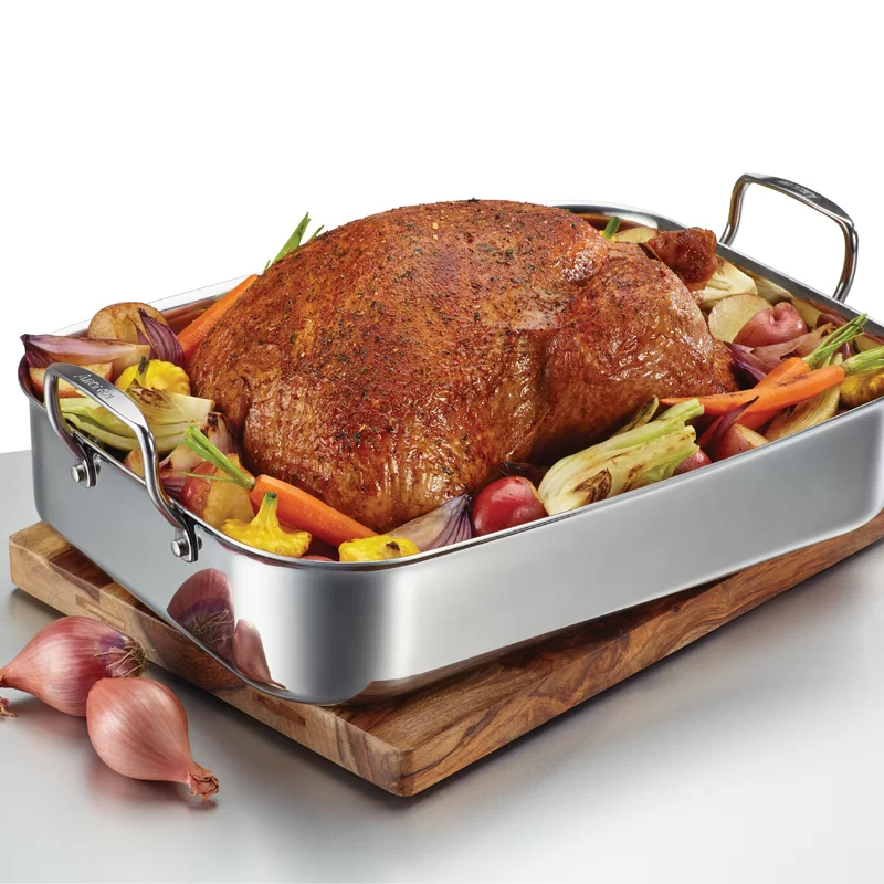 Anolon 30834 Triply Clad Stainless Steel Roaster / Roasting Pan with Rack - 17 Inch x 12.5 Inch， Silver