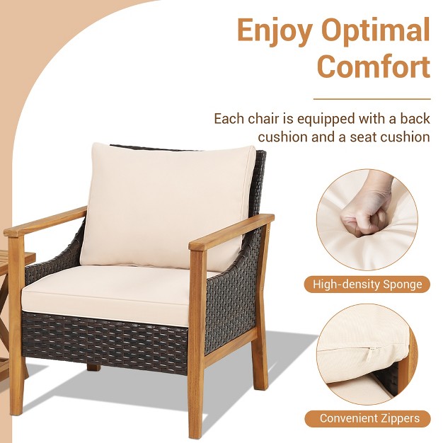 Costway 3pcs Patio Wicker Furniture Set Cushioned Armchairs With 2 tier Side Table Balcony