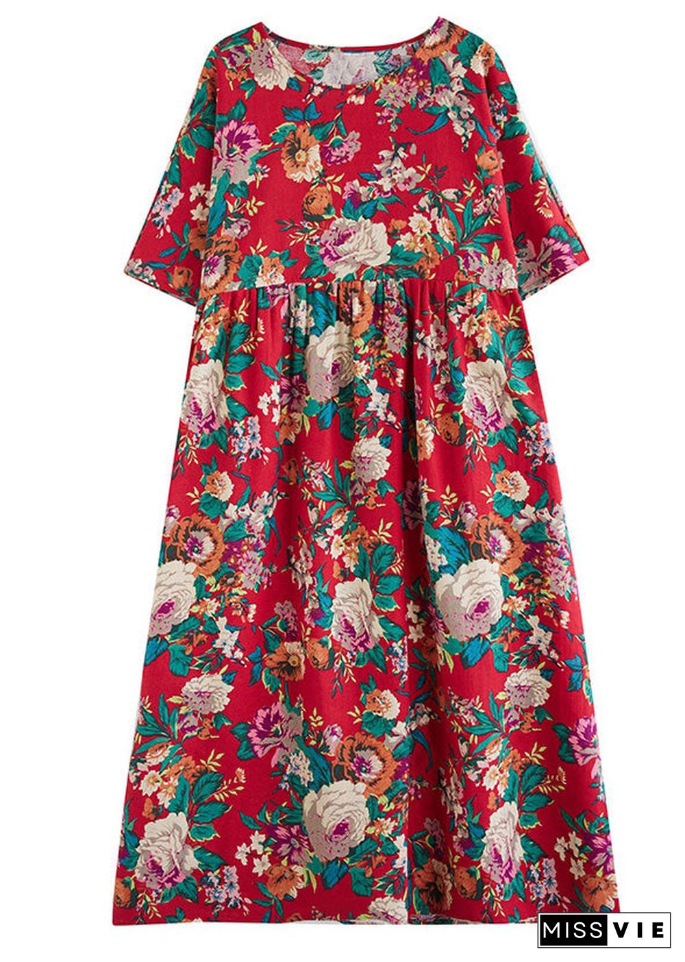 Italian Red Patchwork Print Cotton Maxi Dress Short Sleeve