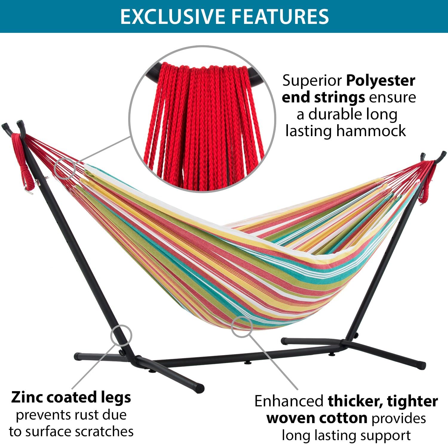 Double Cotton Hammock with Space Saving Steel Stand, Tropical (450 lb Capacity - Premium Carry Bag Included)