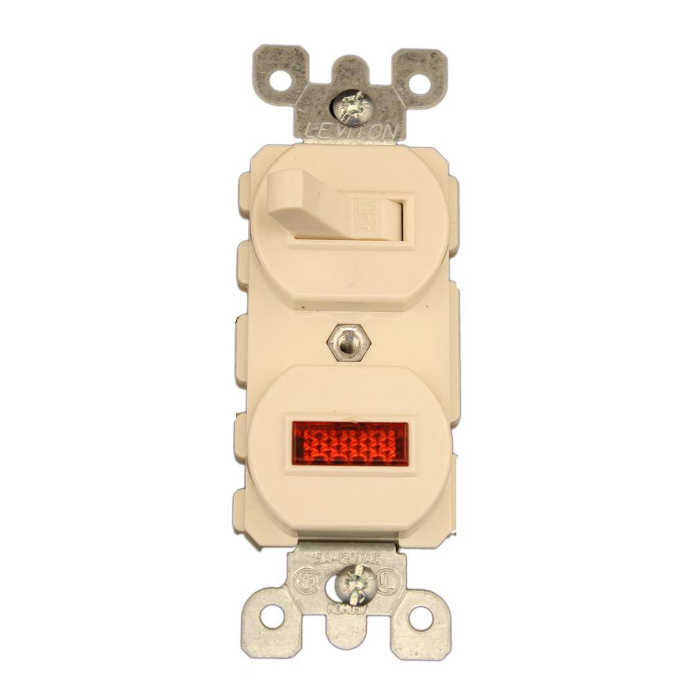 Leviton 15 Amp Commercial Grade Combination Single Pole Toggle Switch and Neon Pilot Light Light Almond 5226-T