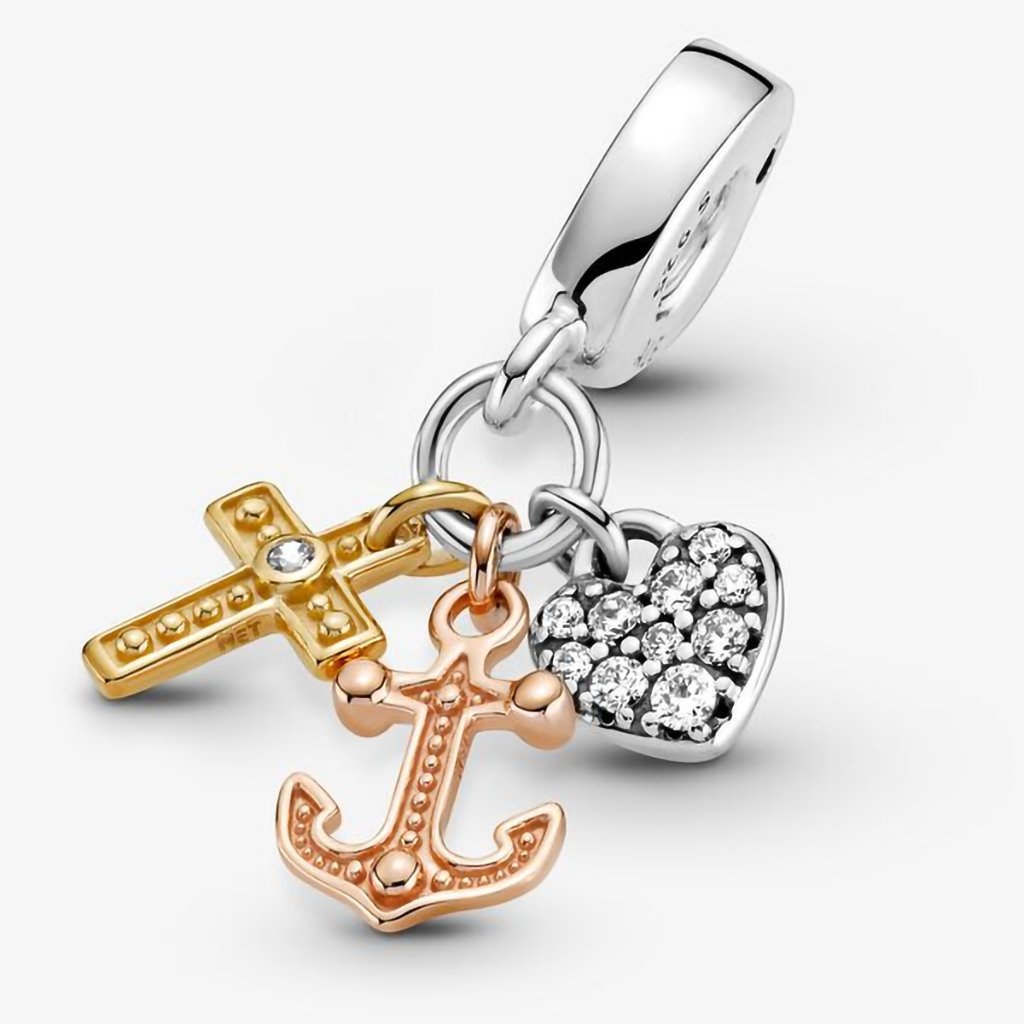 PANDORA  Triple-tone Cross, Heart, & Anchor Dangle Charm