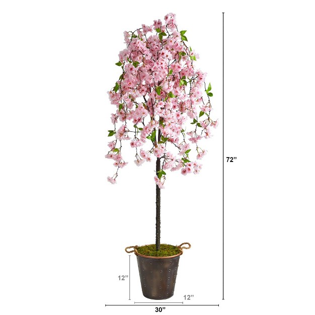 Nearly Natural 6-ft Cherry Blossom Artificial Tree In Decorative Metal Pail With Rope